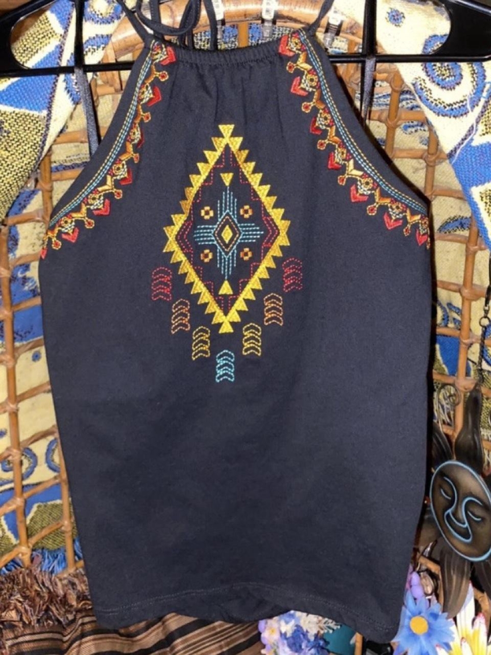 Rock and Roll Cowgirl Black Halter Top Embroidered Geometric Diamond